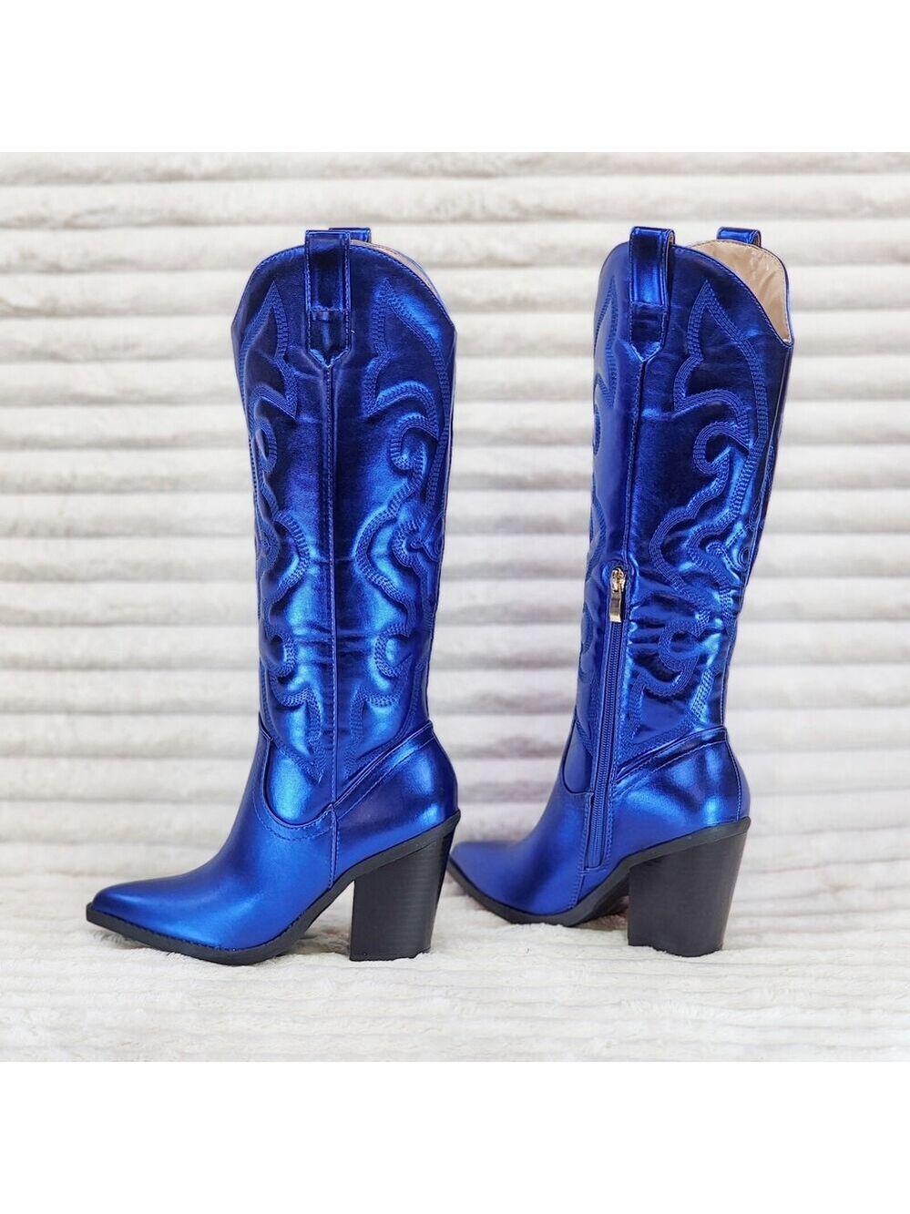 NIB Electric Cowboy Brush Metallic Matte Western Knee High Cowgirl Boots Blue
